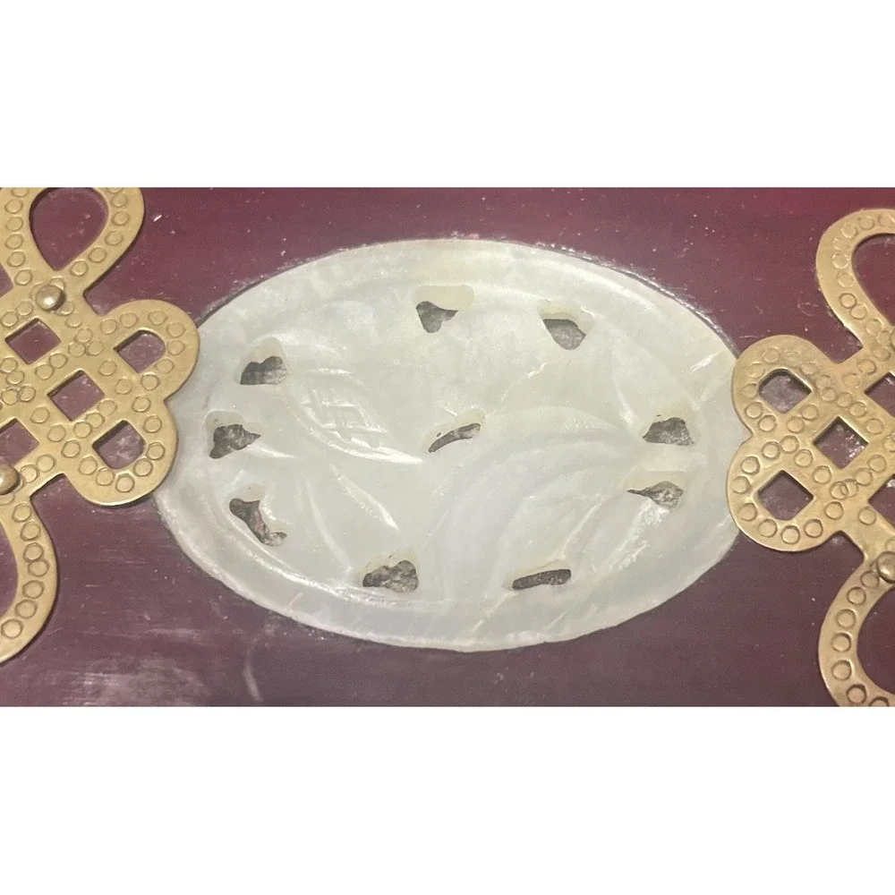 Vintage Asian Wooden Jewelry Box Ornate Brass Carved  Green  Jade Top Silk Lined
